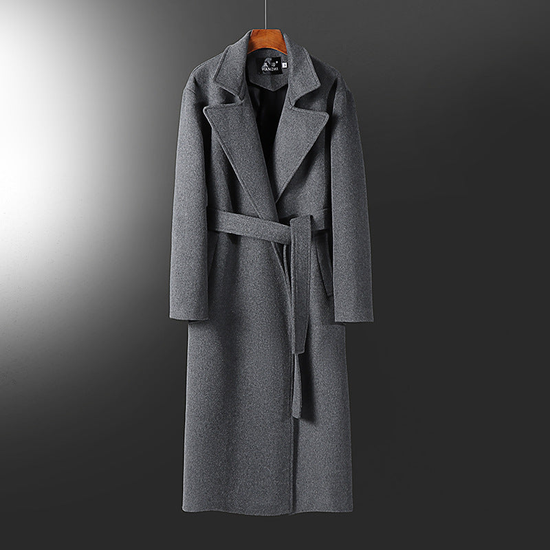 Men's Maxi-length tailored wool blend coat with wide shawl collar and belt Chichicherry