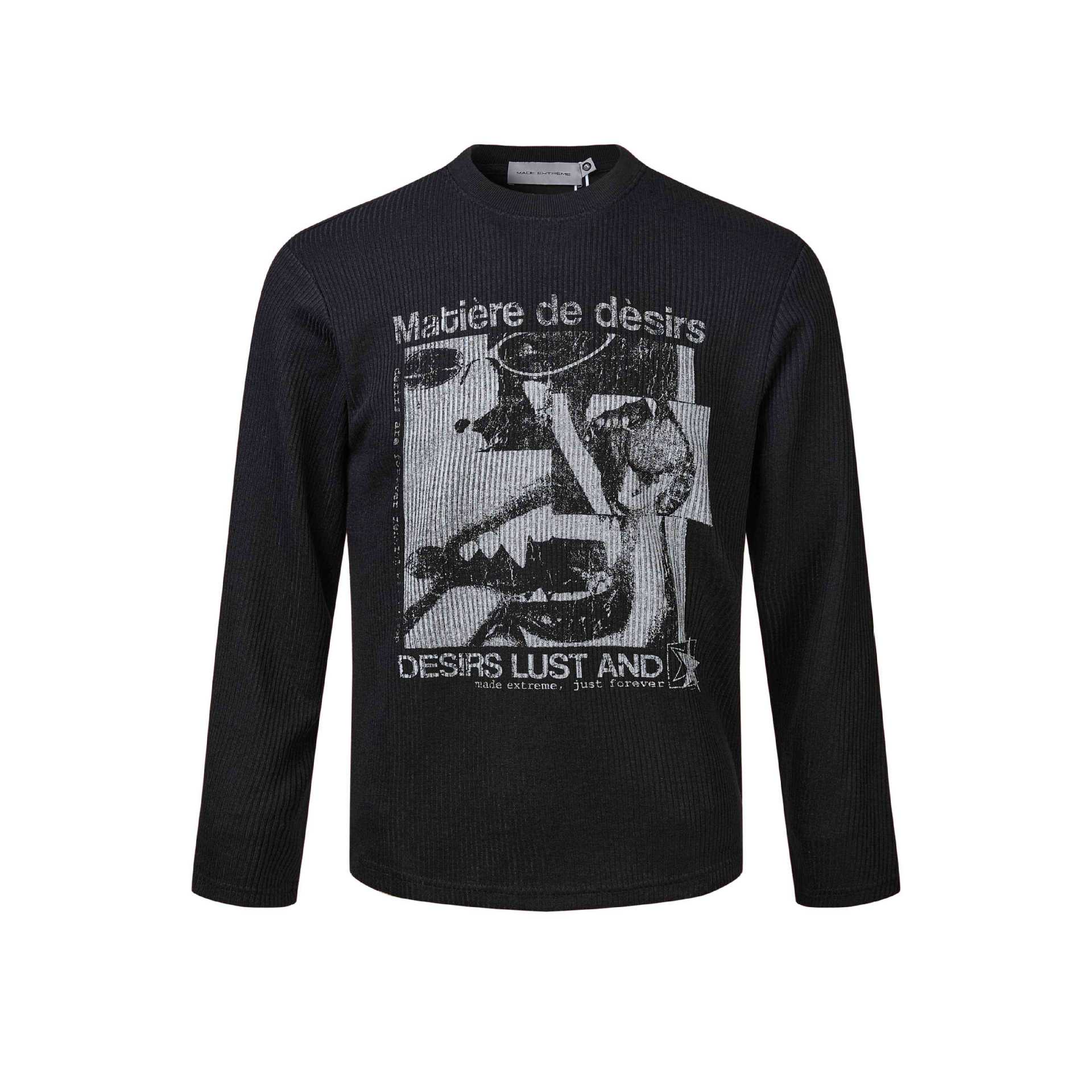 Unisex Ribbed Long Sleeve Shirt with Crew Neck and Distressed Graphic Print Chichicherry
