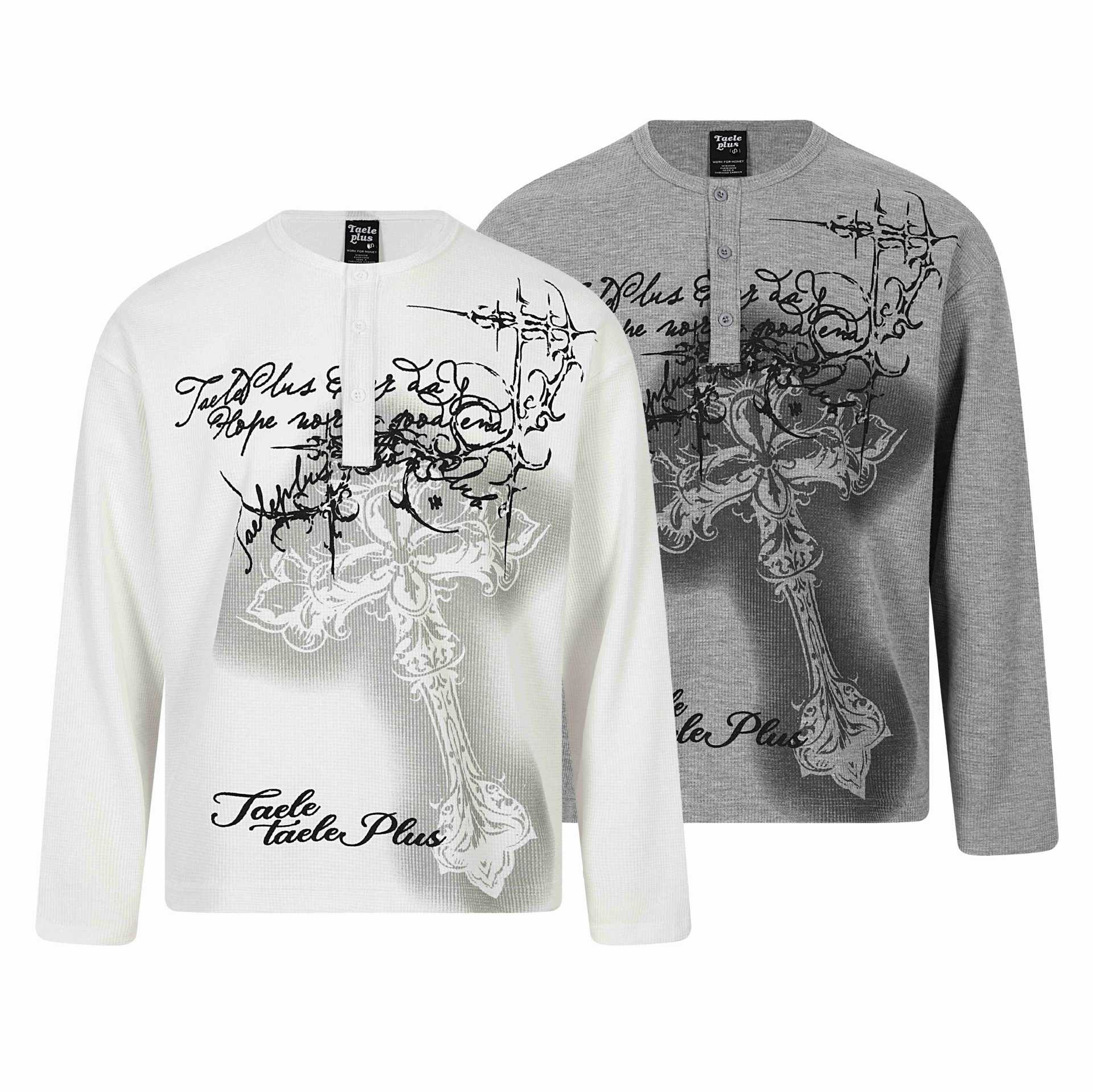 Men's Long Sleeve Henley Shirt with Waffle Texture, Button Placket and Large Graphic Print Chichicherry