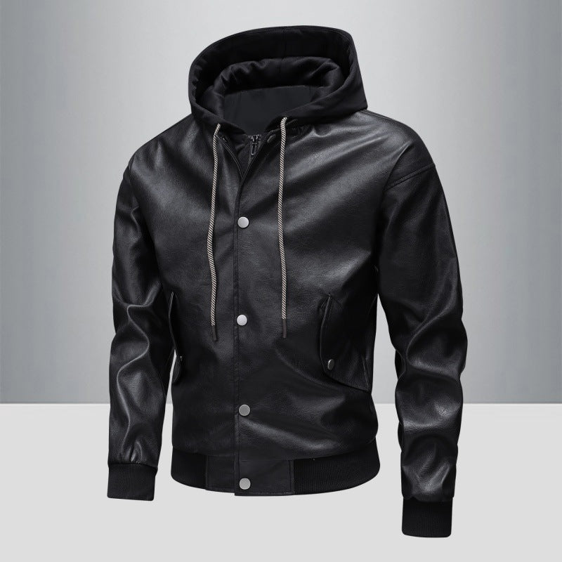 Men's leather bomber jacket with integrated hood insert and ribbed cuffs Chichicherry