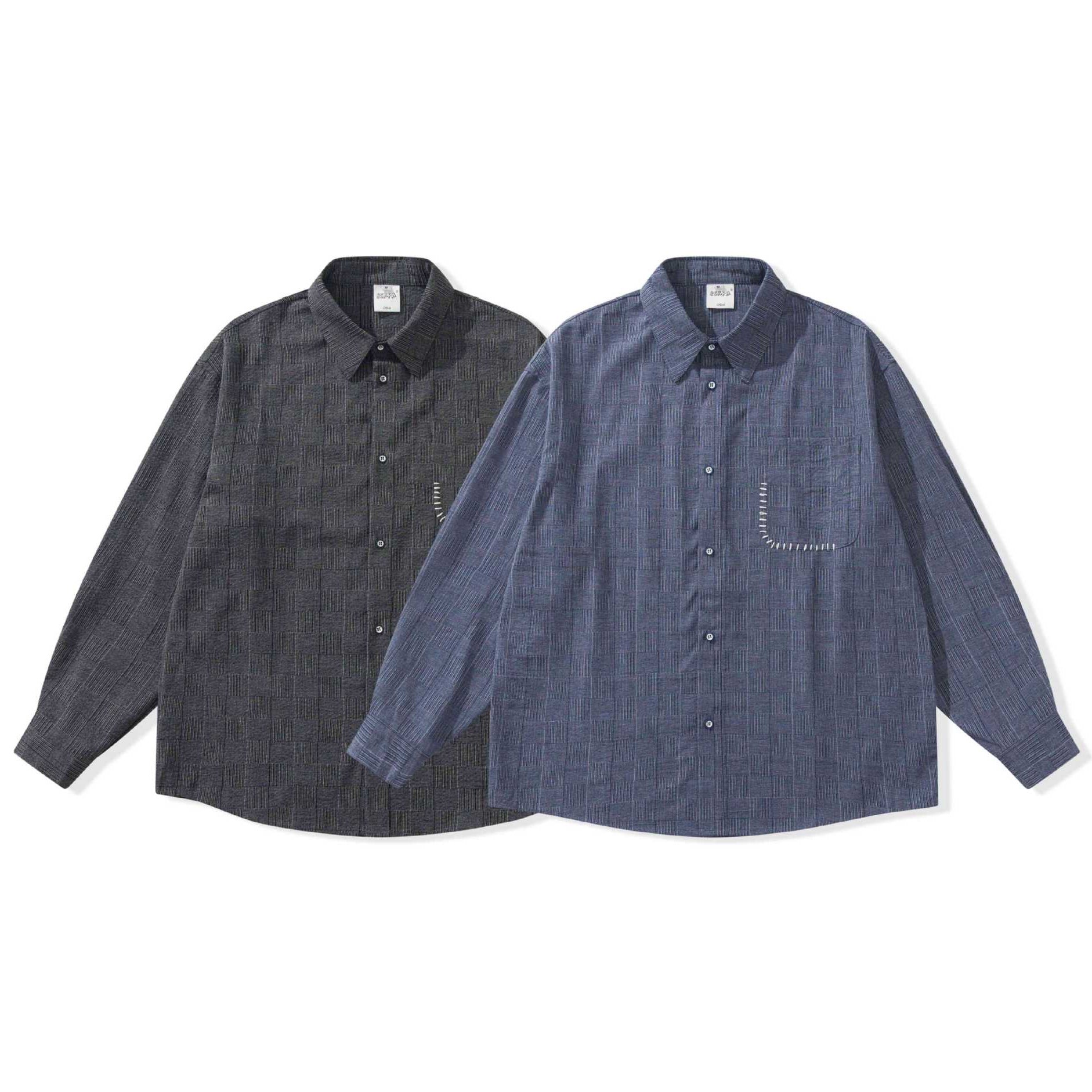 Men's Long Sleeve Oversized Shirt with Textured Check Pattern Look and Decorative Stitch Chichicherry