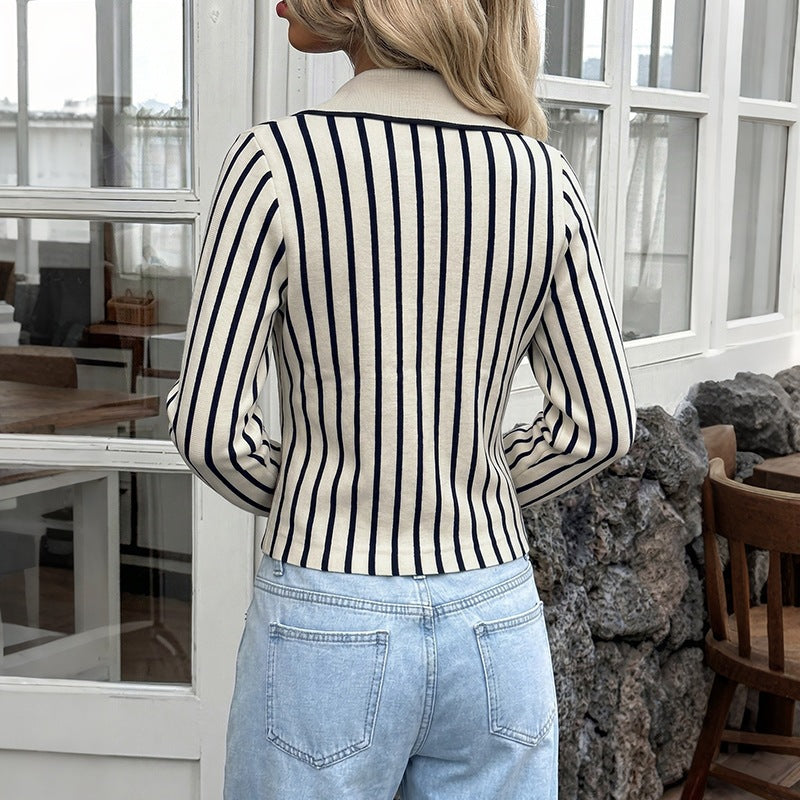 Women's fine-knit cardigan with shirt collar, button placket, and vertical stripe pattern Chichicherry