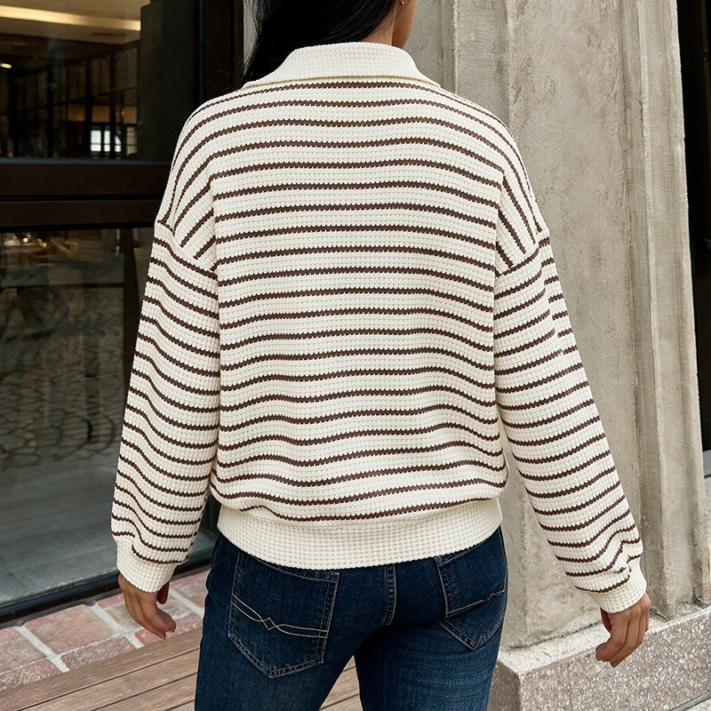 Women's Striped Waffle Knit Sweater with Shirt Collar and V-Neck Chichicherry