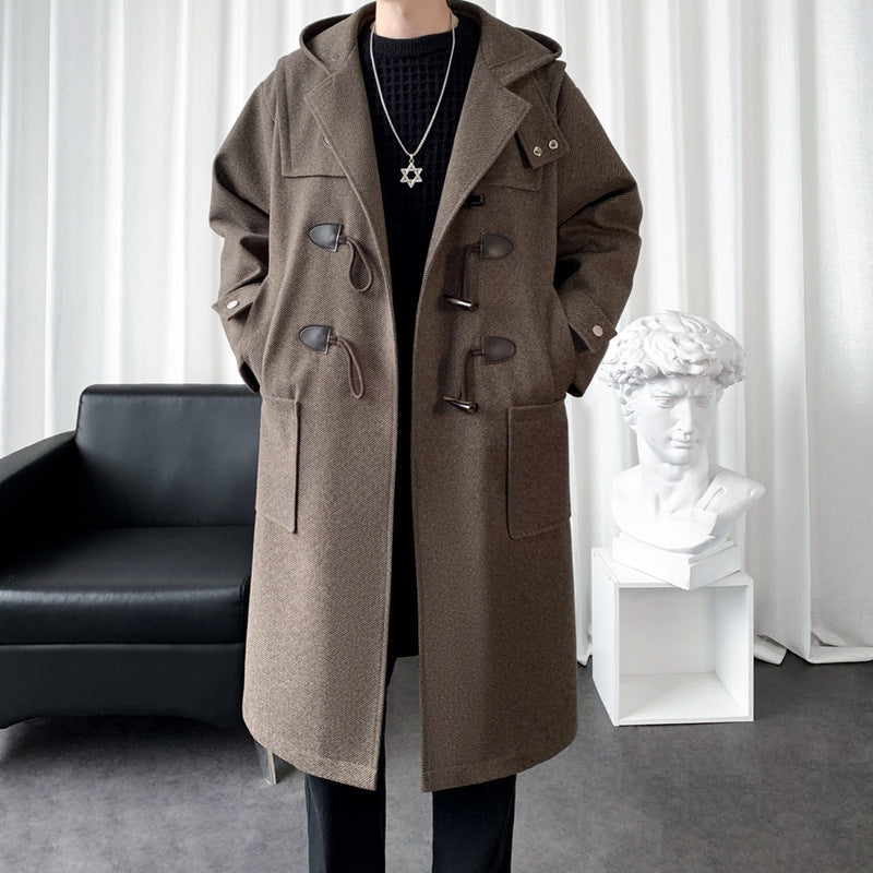 Men's Long Wool Blend Duffle Coat with Hood, Toggle Closures and Patch Pockets Chichicherry
