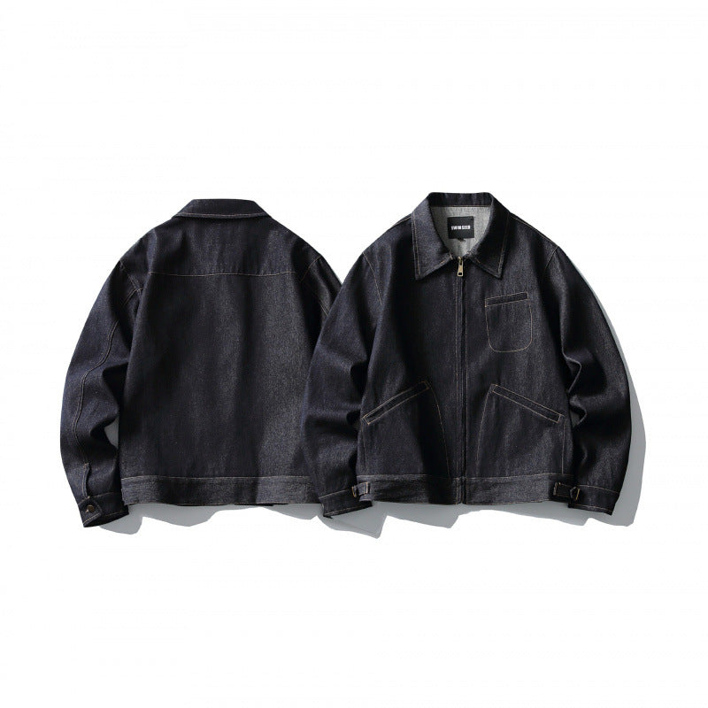 Men's Boxy Denim Jacket in Worker Style with Full Zip and Chest Pocket Chichicherry