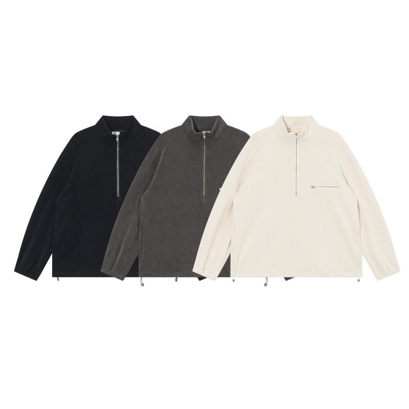 Unisex Oversize Half-zip Pullover made of cord mix with chest zip pocket and drawstring hem Chichicherry