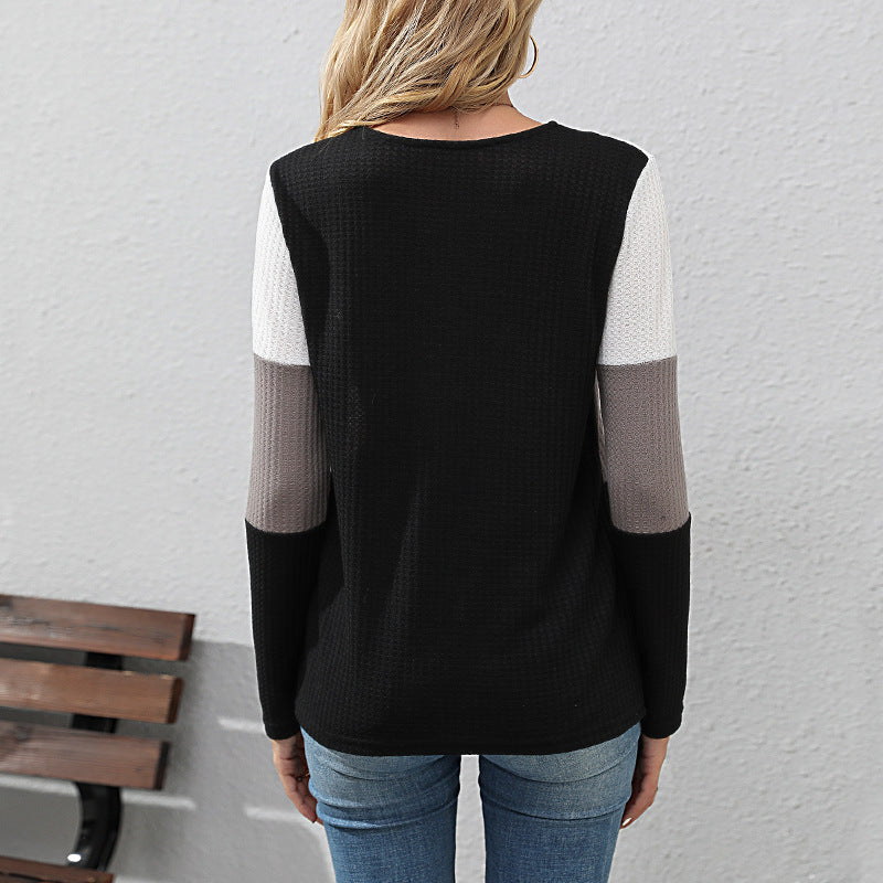 Women's Waffle Knit Long Sleeve with V-Neck and Henley Button Placket Chichicherry