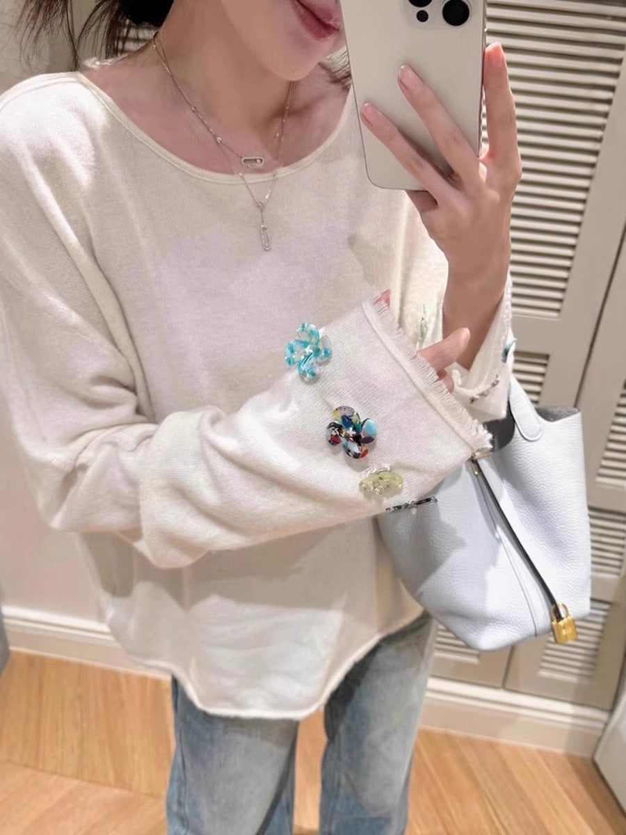 Women's Oversized Fine Knit Sweater with Embellished Sleeve Cuffs Chichicherry