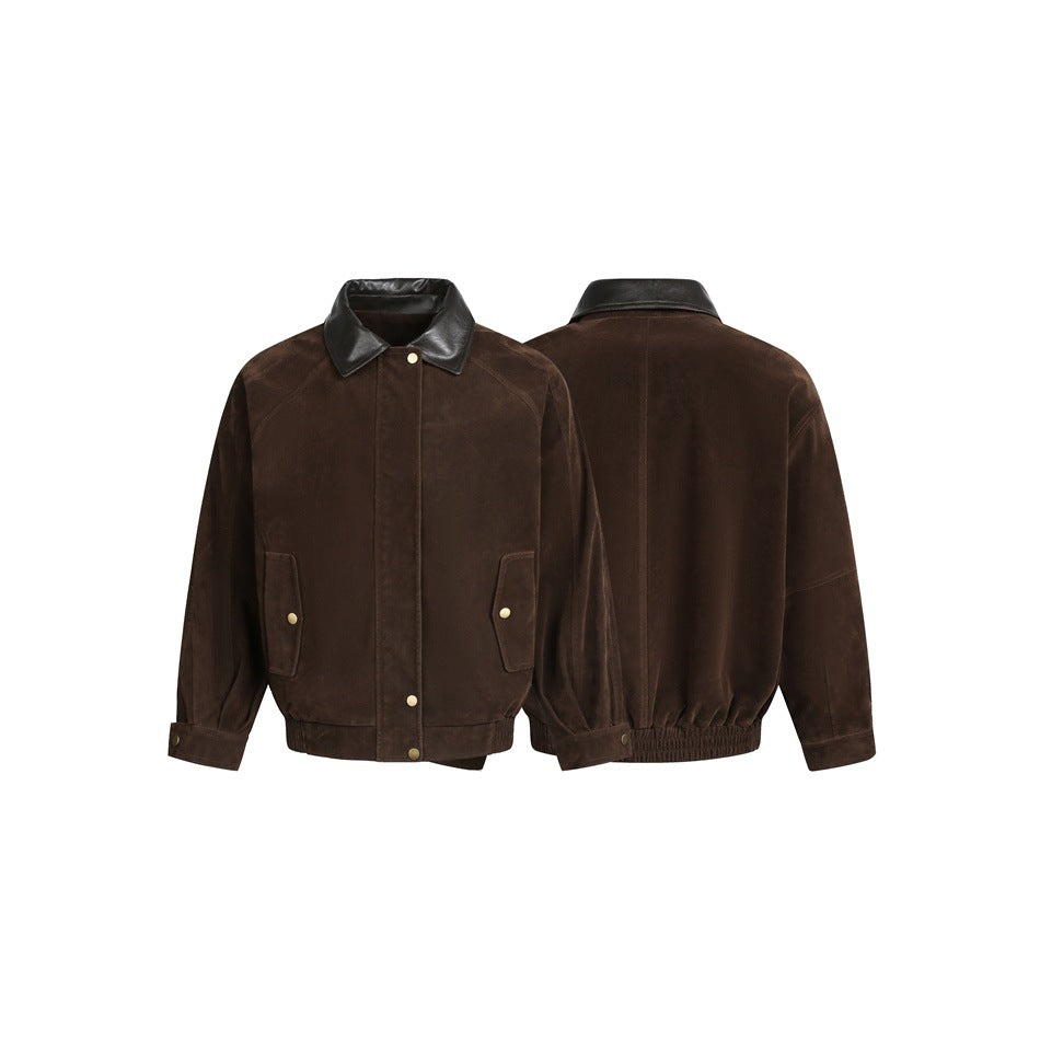 Men's Boxy Suede Leather Blouson with Contrasting Leather Collar and Snap Flap Pockets Chichicherry