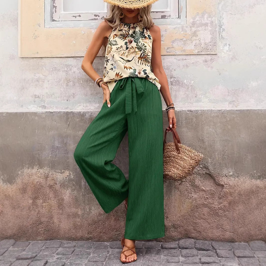 Women wide linen pants with drawstring and pleat look Chichicherry