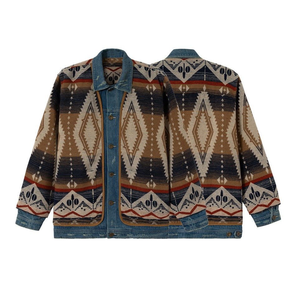 Unisex Loose-Fitting Jacquard Liner Jacket with Denim Trim and Graphic Ethno Pattern Chichicherry