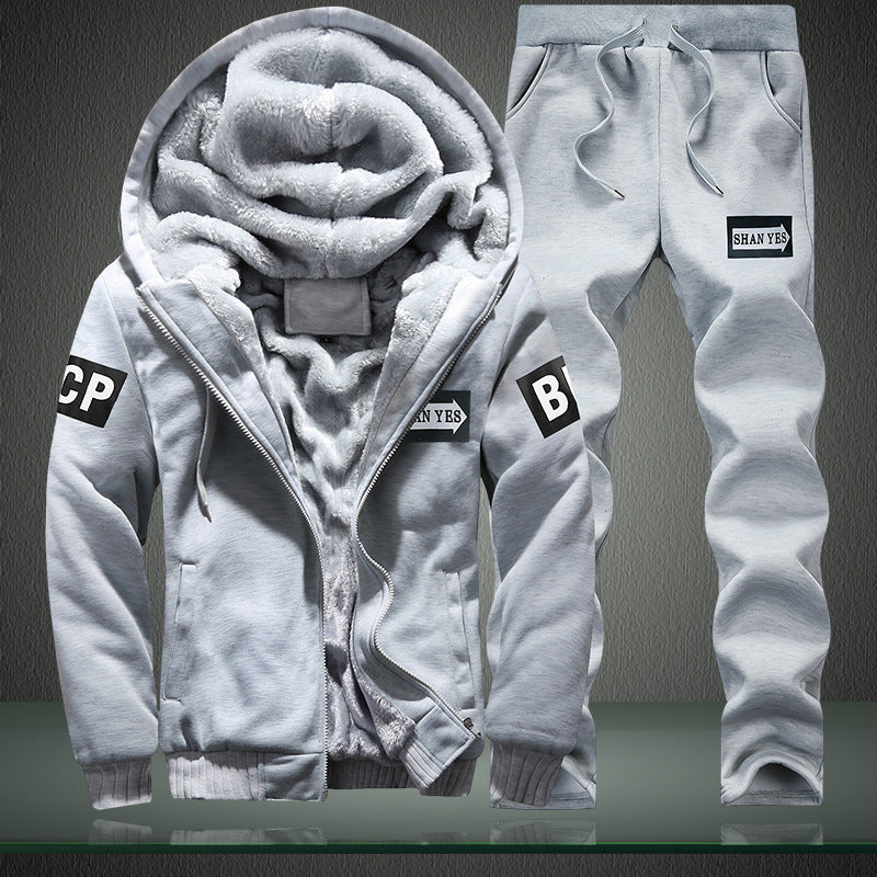 Men's warm two-piece training set with teddy lining, hooded jacket and drawstring jogging pants Chichicherry
