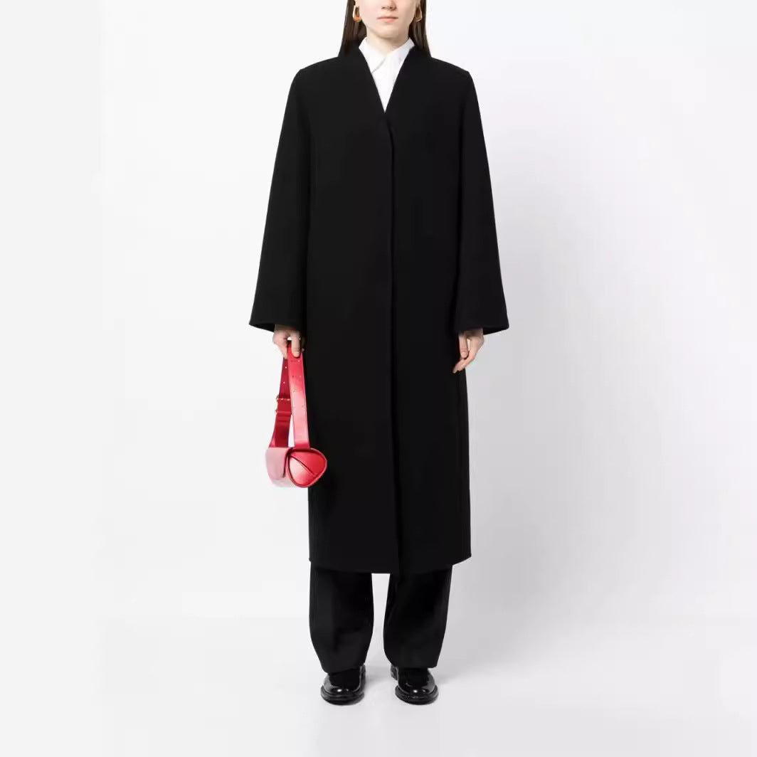 Women's Maxi-Length Minimalist Coat with Concealed Front and Boxy Shoulder Chichicherry