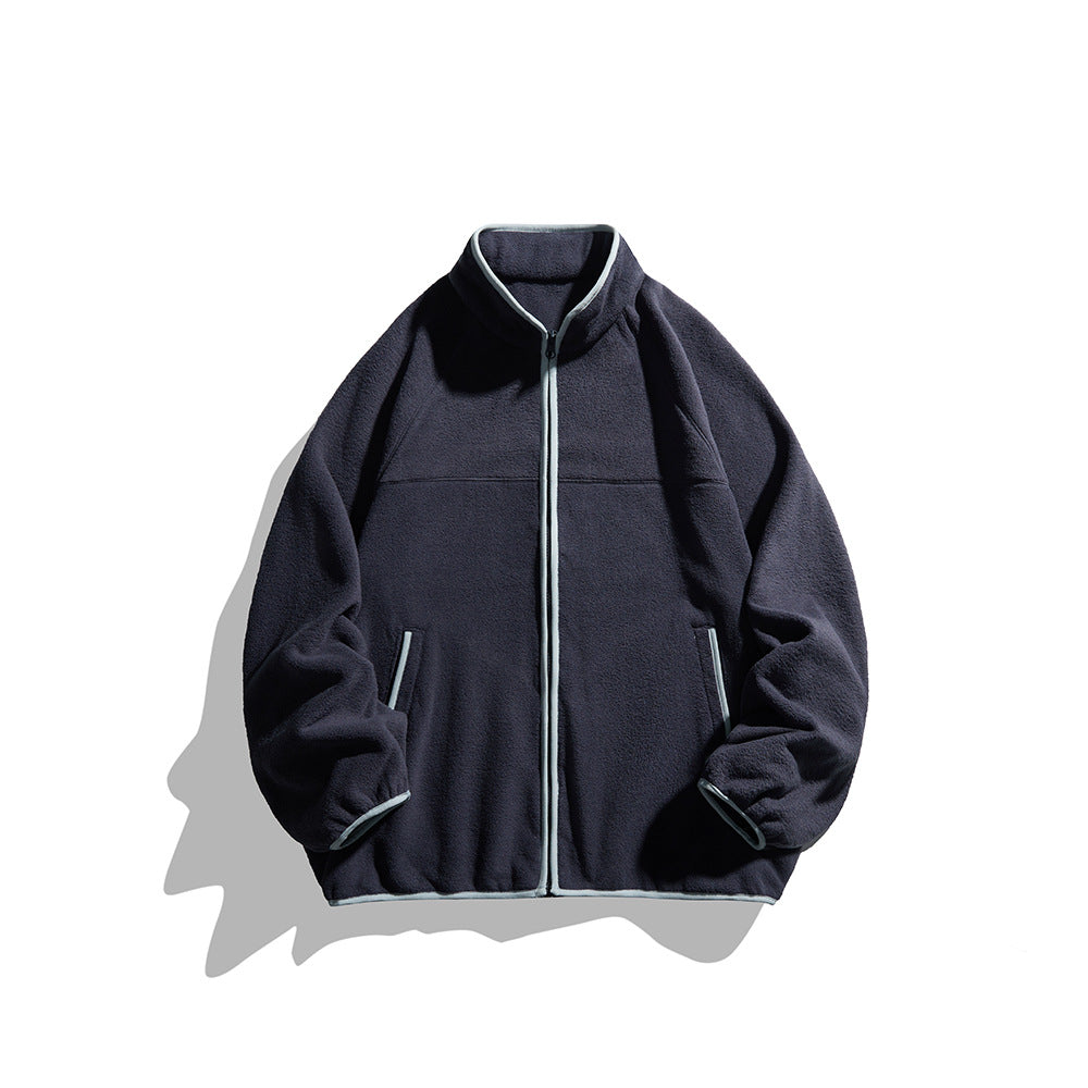 Unisex Oversize Fleece Jacket with Stand-Up Collar, Full-Length Zipper, and Contrast Piping Chichicherry