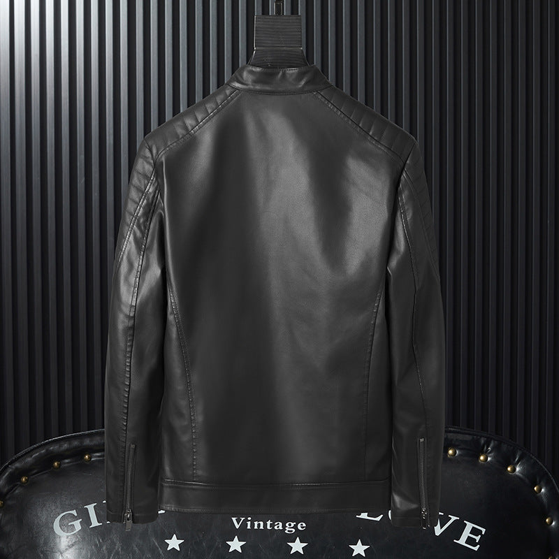 Men's Faux Leather Moto Jacket with Quilted Shoulder, Stand Collar and Zipper Chichicherry