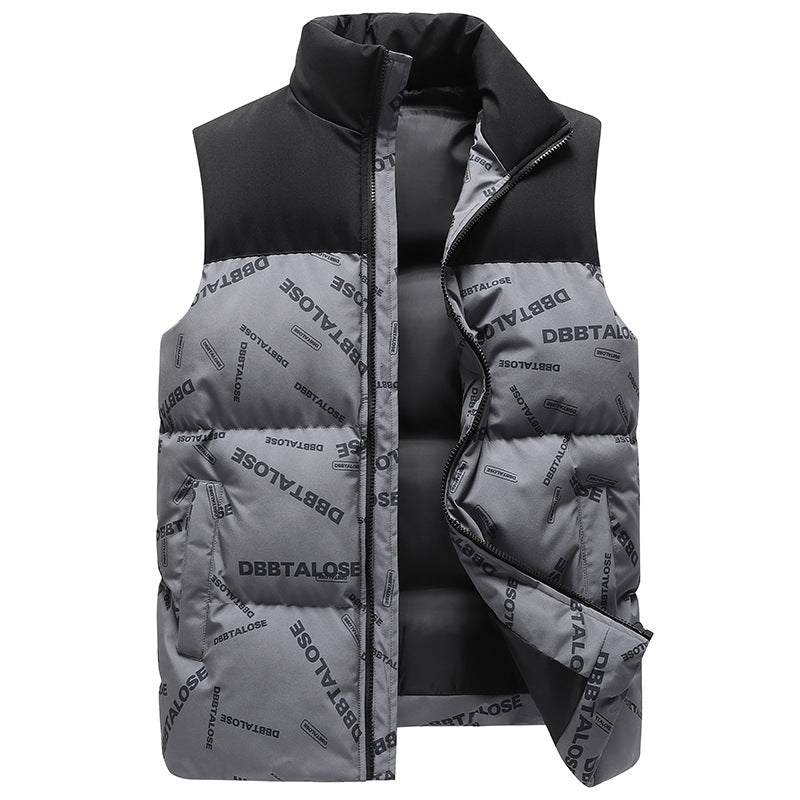 Men's urban quilted puffer vest with high collar, contrast shoulder section and all-over logo print Chichicherry