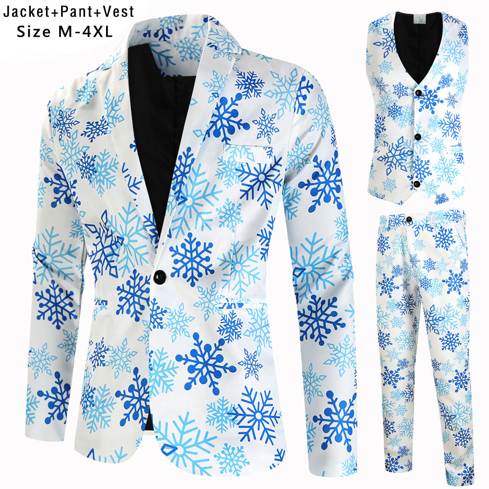 Men's Christmas three-piece suit set with jacket, vest, and trousers in all-over reindeer-tree pattern Chichicherry