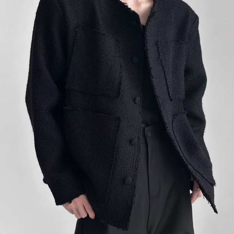 Damen Oversized Bouclé-Jacke ohne Kragen mit aufgesetzten Taschen und Raw‑Edge-Details Chichicherry