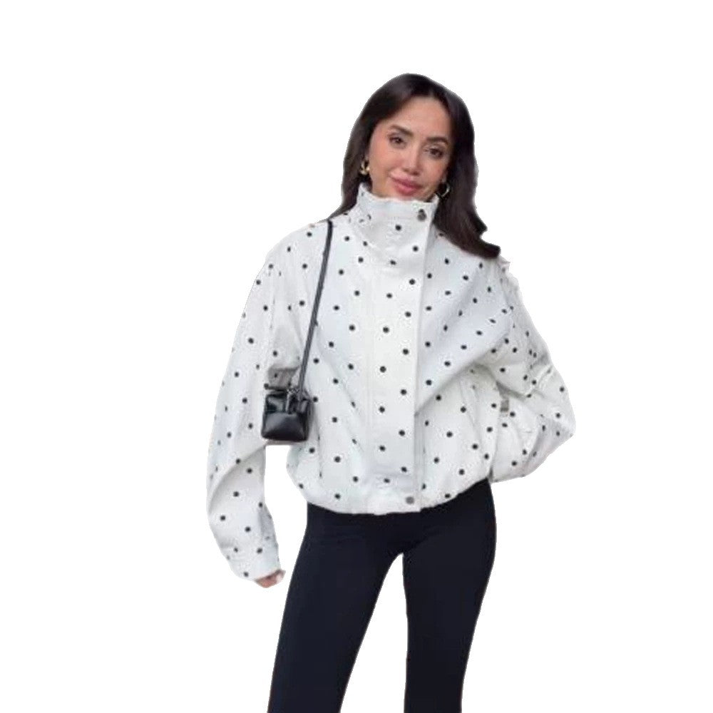 Women's Oversize Blouson with Stand-Up Collar and Polka Dot Print Chichicherry