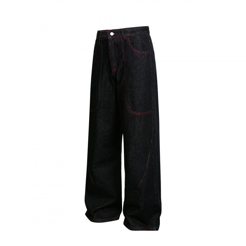 Women Wide High-Waist Denim Pants in Utility Look with Contrast Stitching Chichicherry
