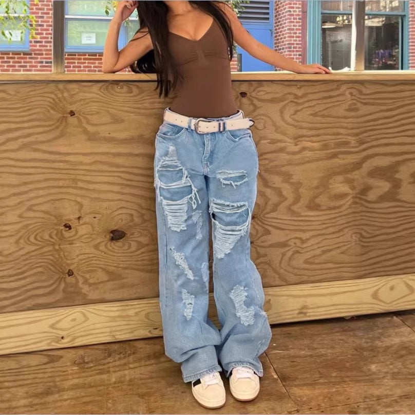 Women's High-Waisted Oversized Baggy Jeans with Strong Destroyed Look and Deep Crotch Chichicherry