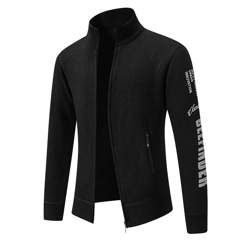 Men's Structured Knit Zip Jacket with Waffle Texture, Stand Collar and Zipper Pockets Chichicherry