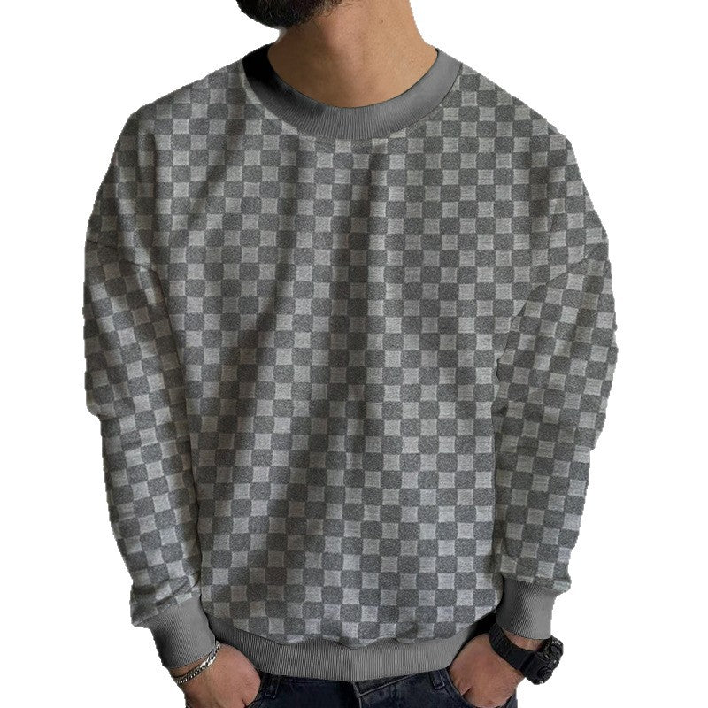 Men's Structured Cotton Sweatshirt with Checked Pattern and Round Neck Chichicherry