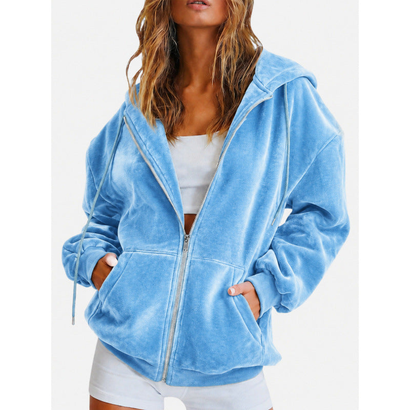 Ladies velours zip jacket with kangaroo pockets and drawstring hood Chichicherry