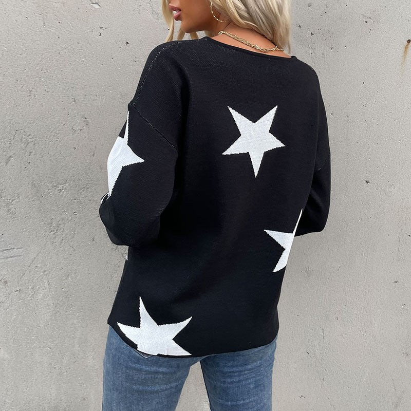 Women Oversize V-Neck Knit Sweater with Large Star Jacquard Pattern