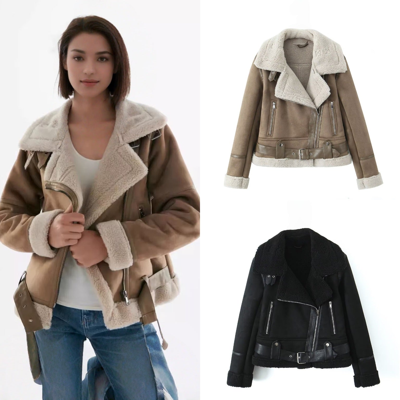 Women's Short Cut Lambskin Imitation Biker Jacket with Asymmetric Zipper, Belt and Teddy Lining Chichicherry