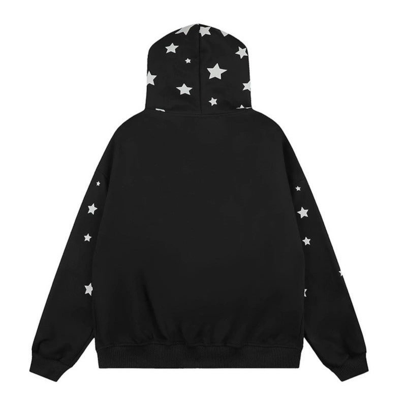 Women Oversize Hooded Sweat Jacket with Star Allover, Faux Fur Trim and Full Zip Chichicherry