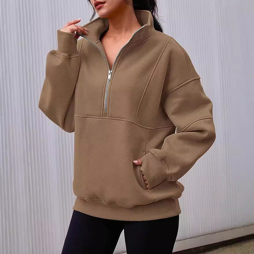 Damen Oversized Sweatshirt mit halbem Reißverschluss, Kängurutasche und Stehkragen Chichicherry
