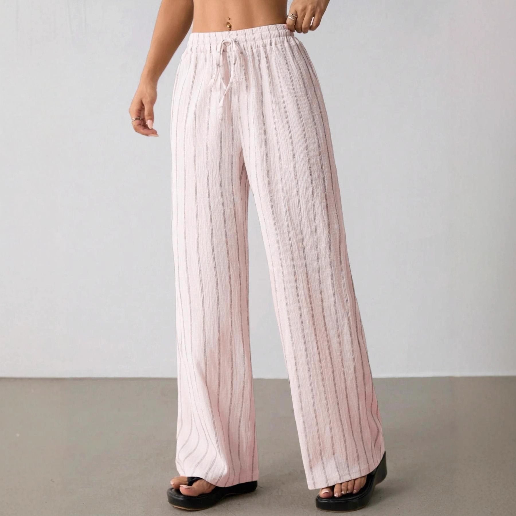 Women's Wide Knit Pants with High Waist and Drawstring Chichicherry