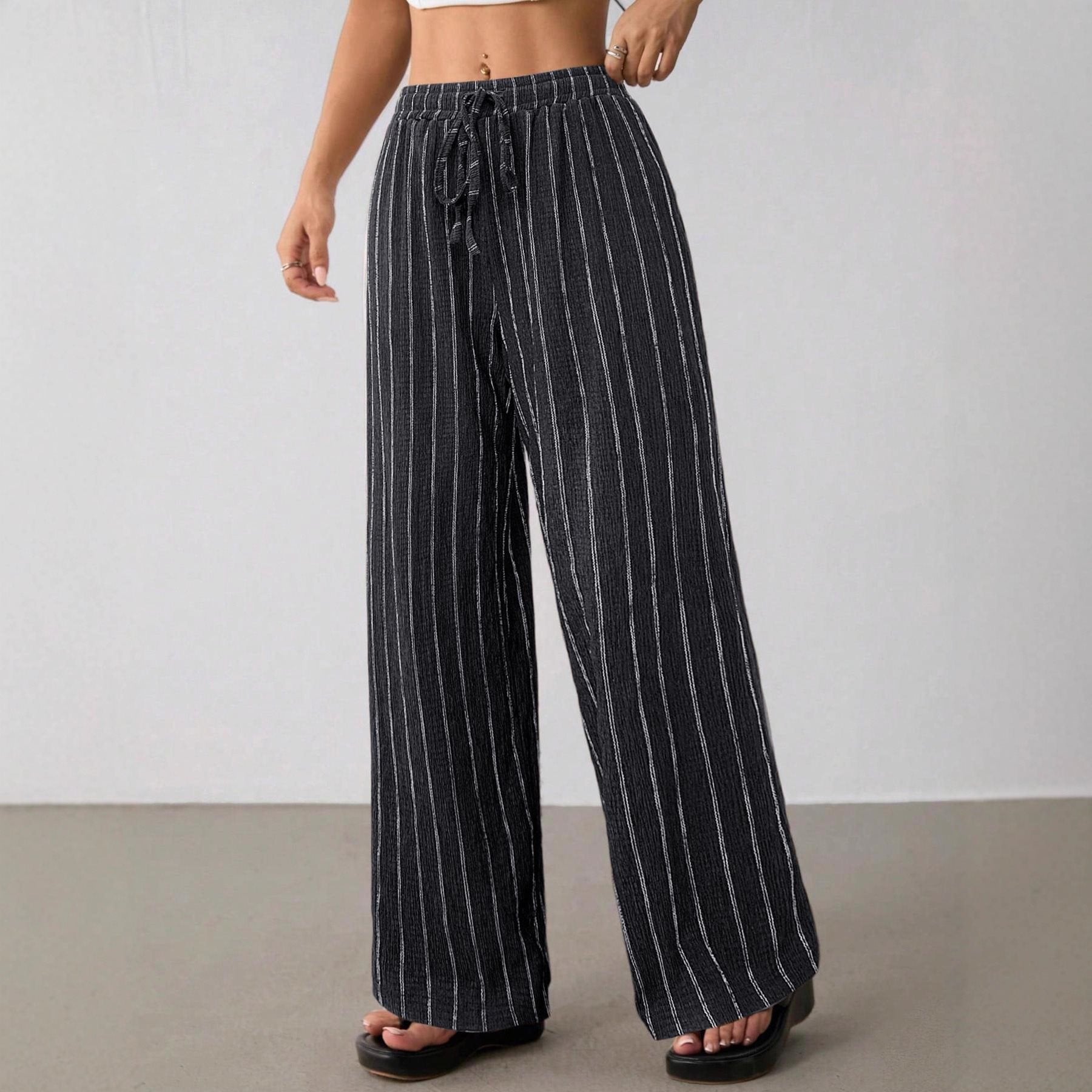 Women's Wide Knit Pants with High Waist and Drawstring Chichicherry
