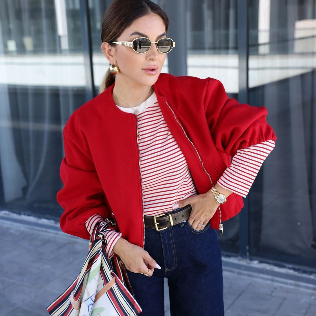 Women Short Wool Blend Bomber with Round Neckline, Zipper and Balloon Sleeves Chichicherry