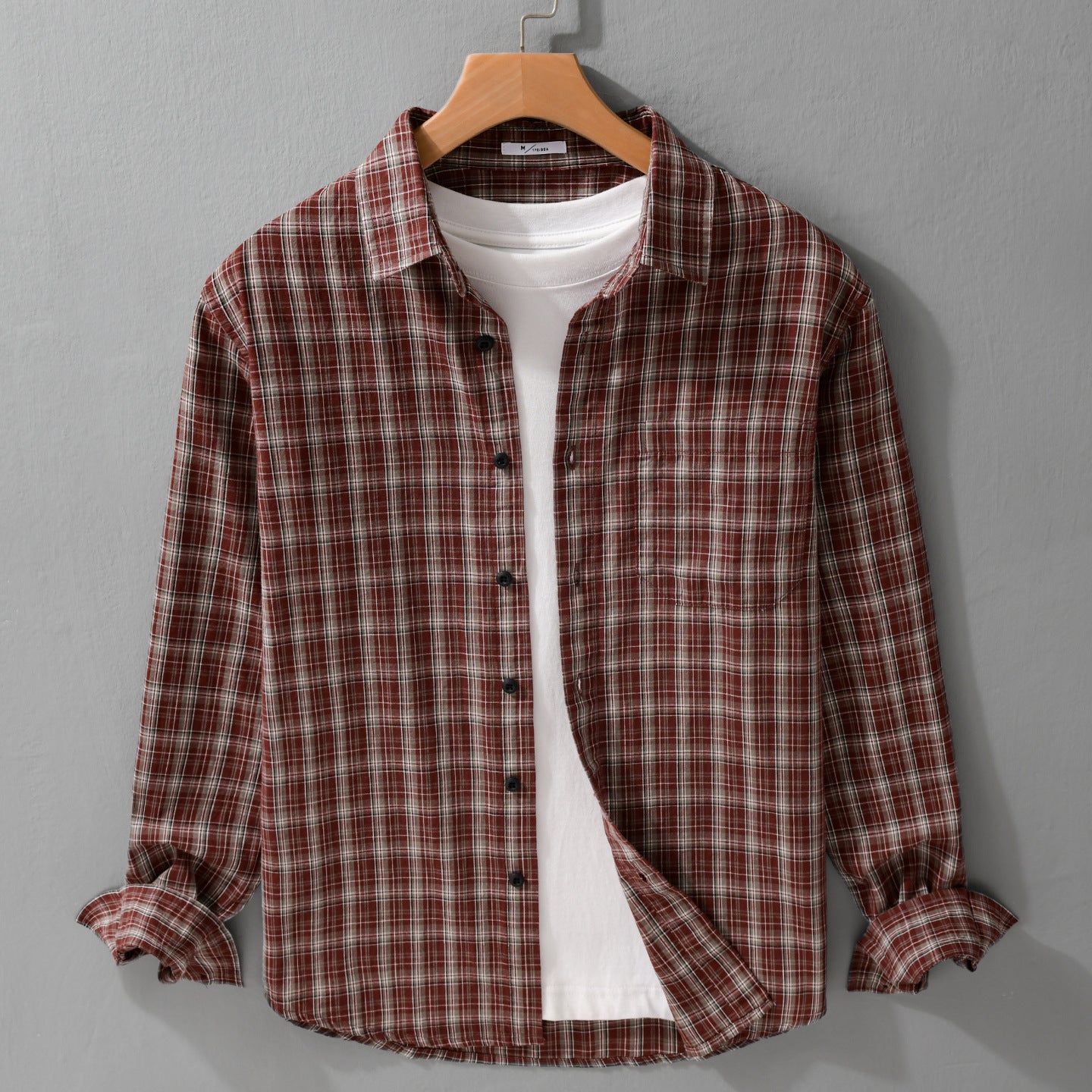 Men Brushed Check Layering Shirt made of Cotton Flannel with Patch Chest Pocket and Rounded Hem Chichicherry