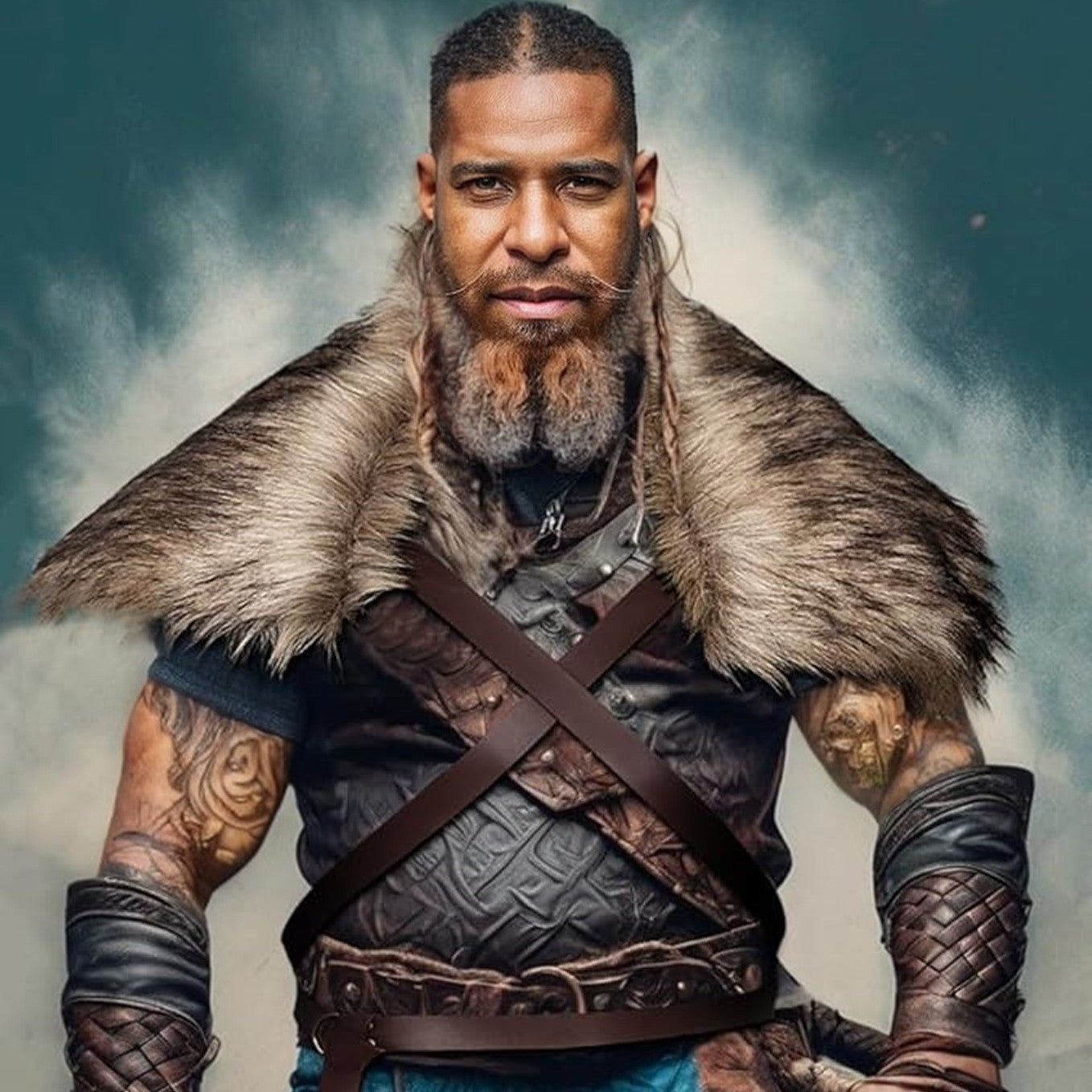 Men's Medieval Leather Jerkin with Faux Fur Shoulder Cape and Braided Arm Guards Chichicherry