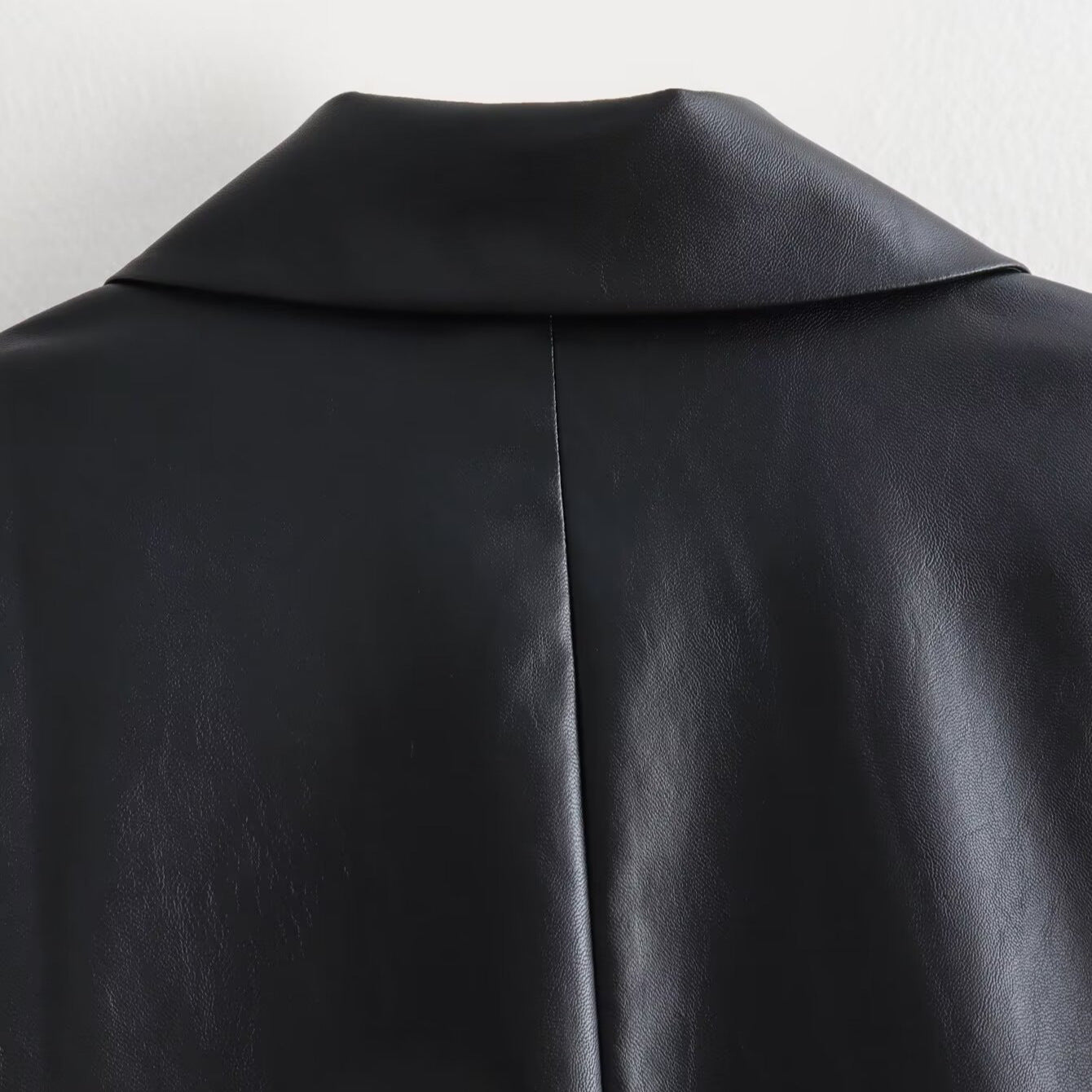 Women's Double-Breasted Faux Leather Blazer with Gold Decorative Buttons and Flap Pockets Chichicherry