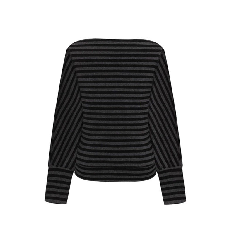 Women's Figure-hugging Striped Long Sleeve Shirt with Wide Boat Neck and Cropped Batwing Sleeves Chichicherry