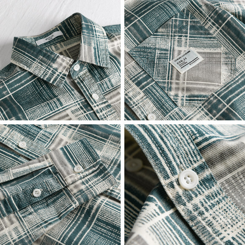 Men's Checked Shirt Jacket- Overshirt made of Cotton Blend with Textured Weave and Chest Pocket Chichicherry