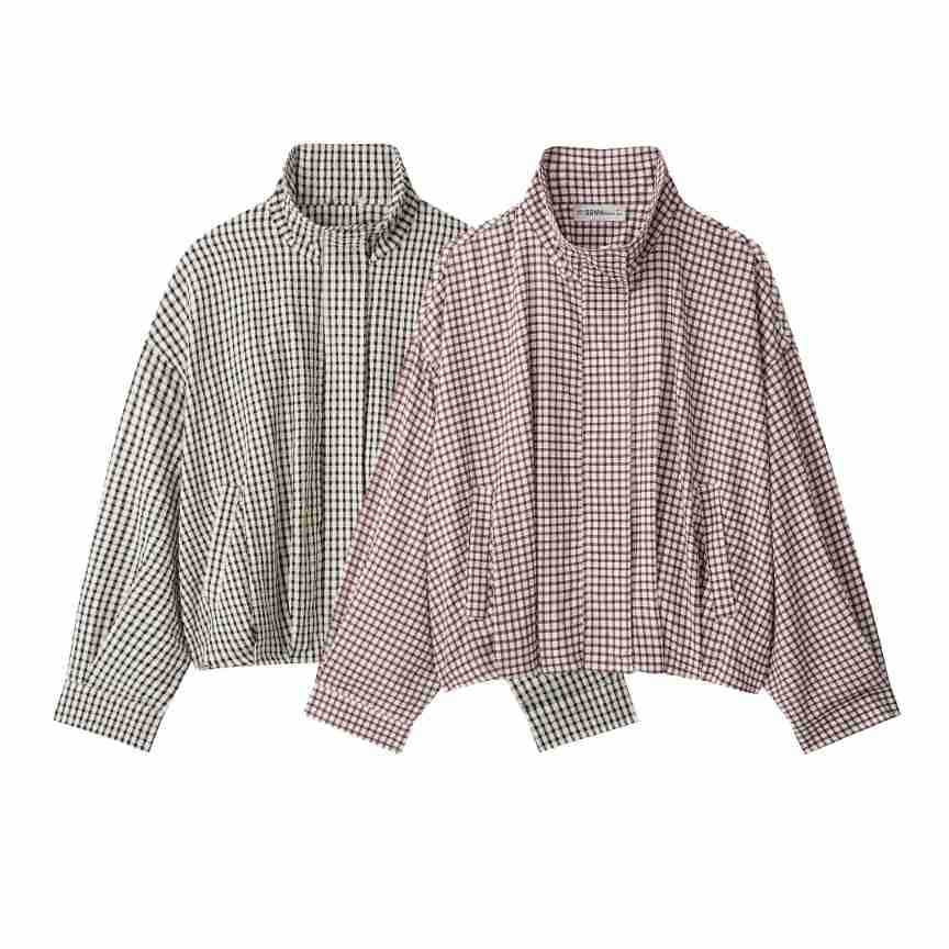 Women's checked overshirt with stand-up collar and boxy cropped silhouette Chichicherry