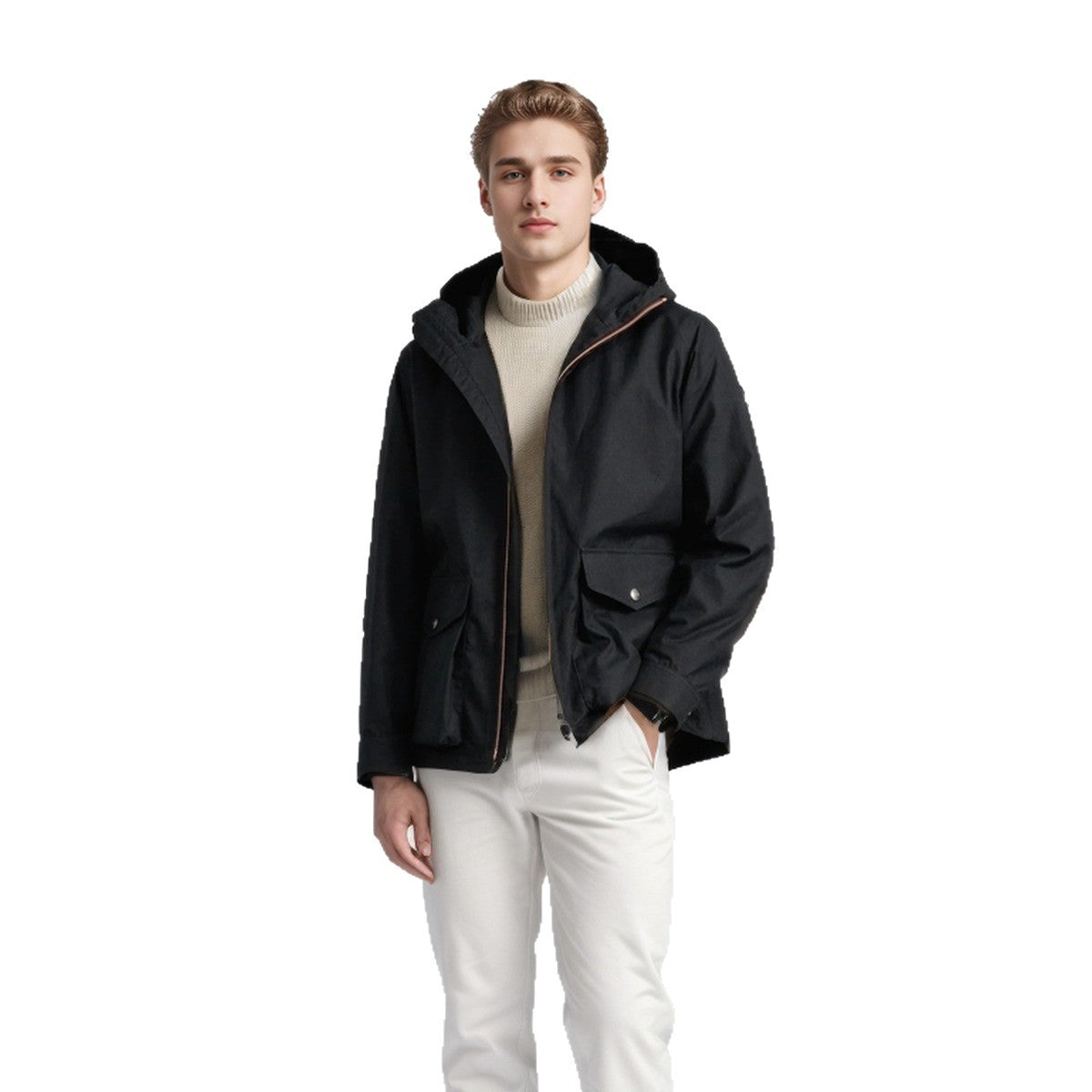 Men's Lightweight Hooded Jacket in Urban Minimal Style with Two-Way Zipper and Flap Pockets Chichicherry