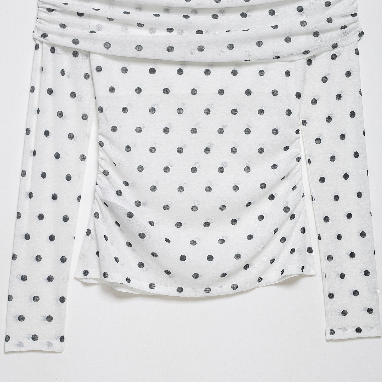 Women's Off-Shoulder Long Sleeve Top with Draped Overlap Collar and Polka Dot Pattern Chichicherry