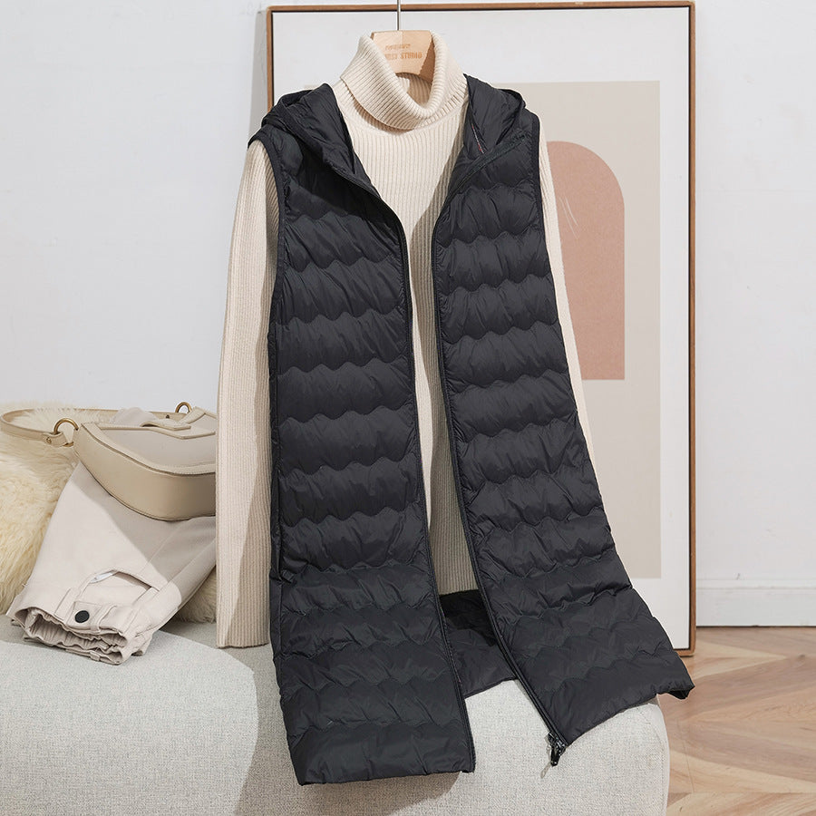 Women's Long Quilted Hooded Vest with Ultralight Thermal Filling and Two-Way Zipper Chichicherry