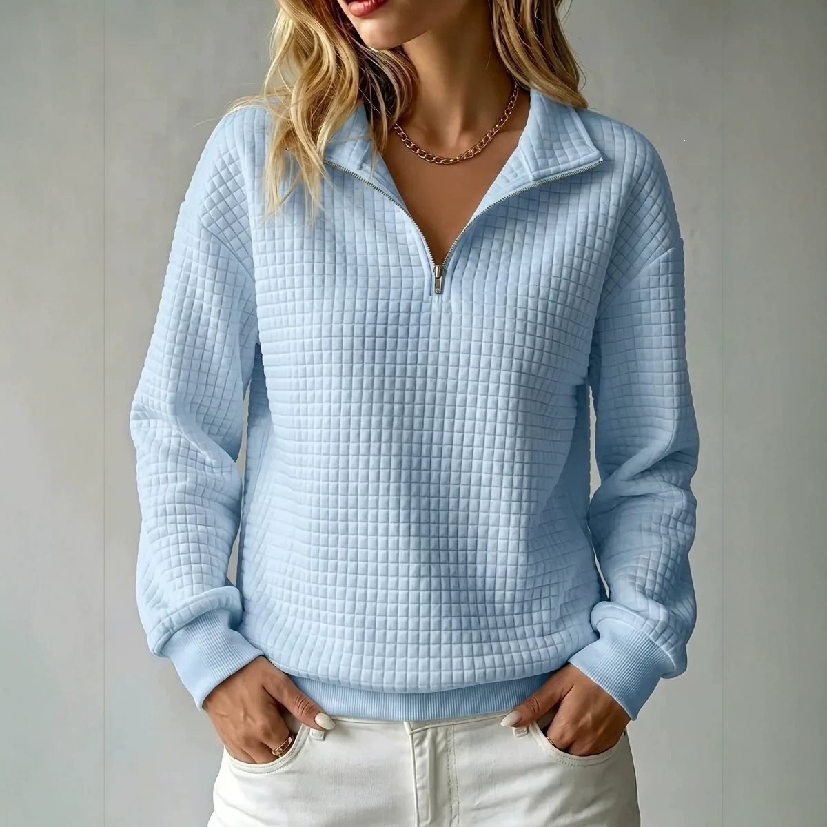 Women's Quilted Fleece Pullover with Half Zipper and Stand-Up Collar Chichicherry