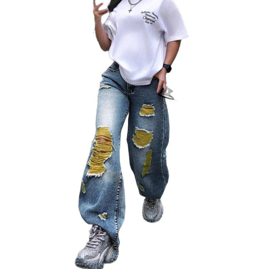 Women wide High-Waist jeans pants with destroyed details and contrasting lining Chichicherry