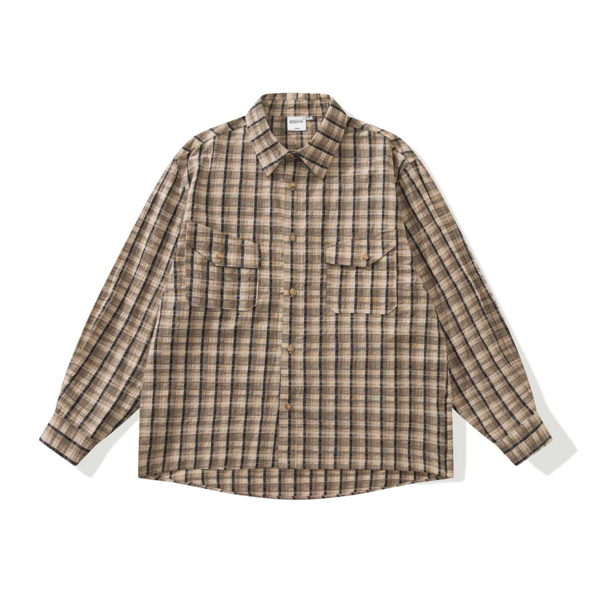 Men's Checked Linen Shirt Jacket with Patch Chest Pockets Chichicherry
