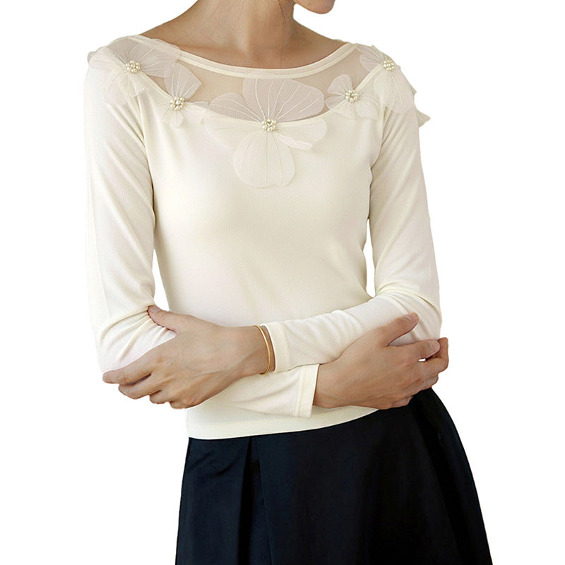 Ladies Elegant Long Sleeve Shirt with Transparent Tulle Insert and 3D Flower Appliqué Chichicherry
