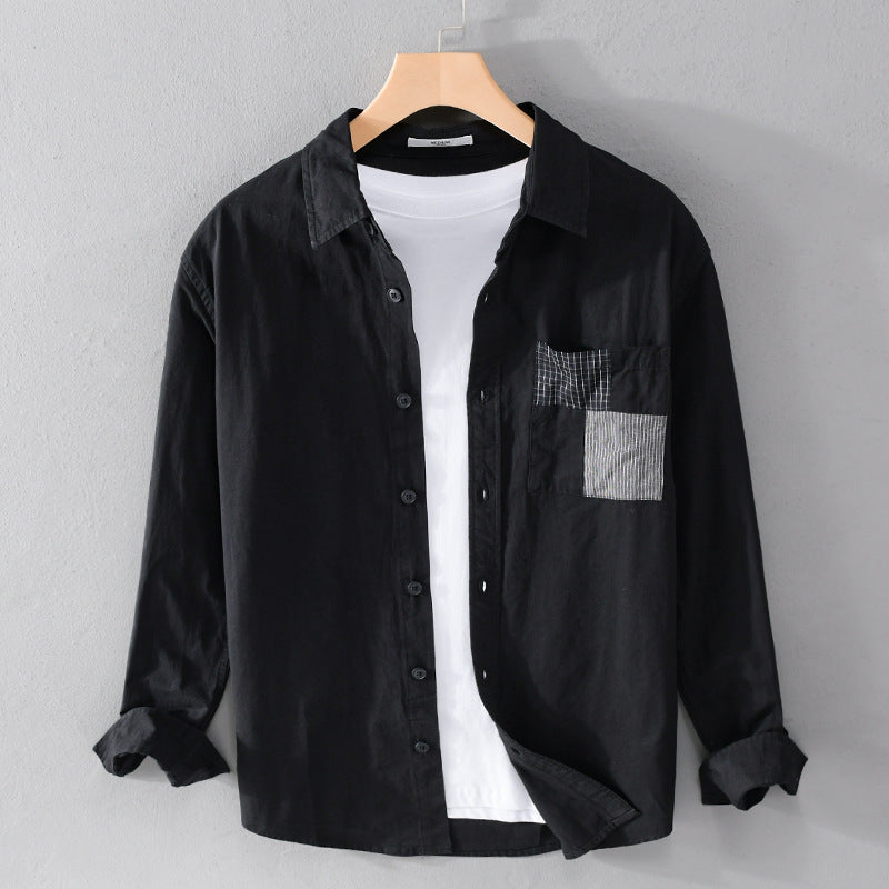 Men's Lightweight Cotton Oversized Shirt with Geometric Chest Patch Pocket Chichicherry