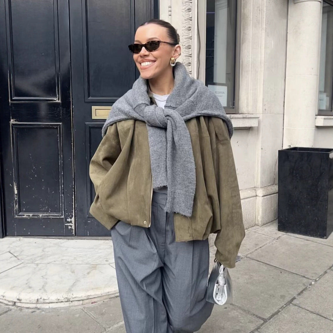 Women's Short Boxy Jacket in Oversized Suede Look with Balloon Hem Chichicherry